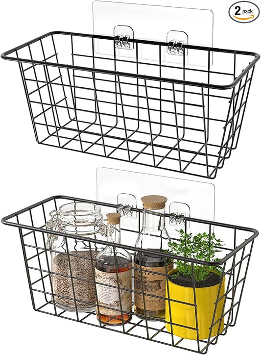 MaraFansie Hanging Kitchen Baskets Wire Storage Basket Over the Cabinet Door Organizer, No Drilling Adhesive Basket for Cabinet Pantry Organization and Kitchen, Bathroom, Storage, 2 Pack, Black by MakeStorageMoreFun