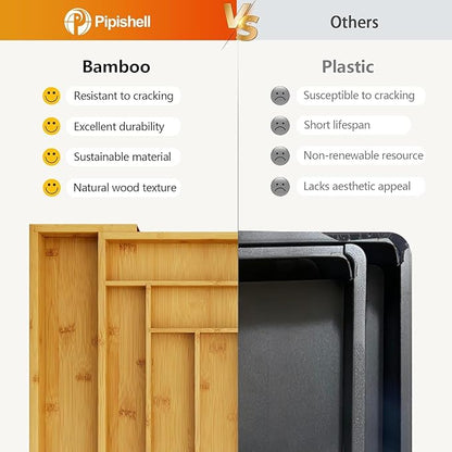 Pipishell Bamboo Expandable Silverware Drawer Organizer, Adjustable Kitchen Utensil Tray for Forks, Spoons and Knives, Wood Storage Cutlery Holder for Bedroom and Living Room - Image 6