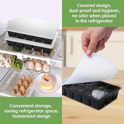FANYITY Silicone Ice Cube Tray with Lid, Black, Pack of 2 Ice Cube Moulds, Silicone Mould, BPA-Free, Stackable Ice Cube Tray, Ice Cube Trays for Baby Porridge, Cocktail, Whiskey, Coffee