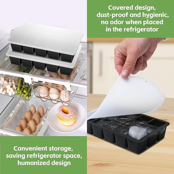 FANYITY Silicone Ice Cube Tray with Lid, Black, Pack of 4 Ice Cube Moulds, Silicone Mould, BPA-Free, Stackable Ice Cube Tray, Ice Cube Trays for Baby Porridge, Cocktail, Whiskey, Coffee