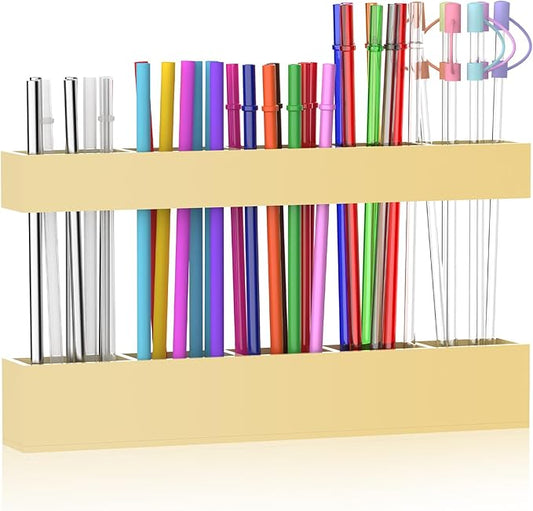 Straw Holder for Cabinet Door, 9.6” Adjustable Two-Part Large Acrylic Straws Organizer with Ultra Sticky Adhesive Strips, 2025 Reusable Straw Storage for Kitchen Cupboard (Milky Yellow)