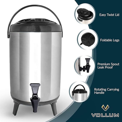 Vollum Stainless Steel Insulated Beverage Dispenser – Insulated Thermal Hot and Cold Coffee Carafe – 10 Liter Drink Dispenser with Spigot for Hot Water, Tea & Coffee, Cold Milk, Juice & More BLACK