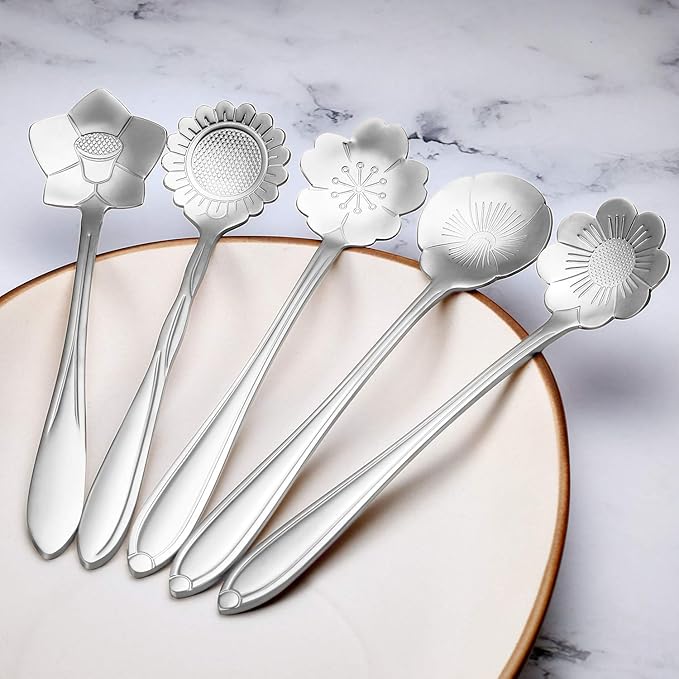 Chengu 8 Pieces Flower Coffee Tea Spoons Stainless Steel Sugar Spoons Tea Party Flower Fancy Tableware Set Stir Bar Creative Stirring Teaspoon, 8 Different Patterns(Silver) - Image 4