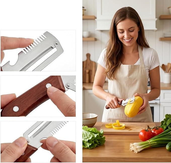 2-Pack Multifunctional Vegetable Peeler, 3 in 1 Kitchen Peeler with Wooden Handle, Grater & Bottle Opener for Potato, Carrot, Apple, Fruit & Vegetable - Image 4