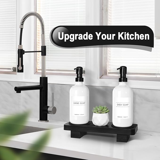 KASUNTING Hand Soap Dispenser for Kitchen, White Soap Dispensers with Stainless Steel Pump, Bathroom Soap Dispenser Set with Wood Riser Tray, Kitchen Dish Soap Dispensers Bathroom Decor(White) - Image 5