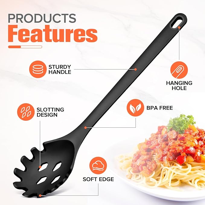 Silicone Spaghetti Spoon&Soup Ladle Cooking Utensils Set of 2,No Scratch for Nonstick Cookware,BPA Free, 450℉ Heat Resistant (BLACK) - Image 5