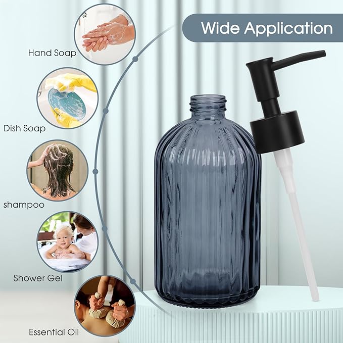 Topsky Stripe Glass Soap Dispenser with Black Plastic Pump, 400ml Liquid Hand Soap Dispenser, Rustproof Pump for Kitchen & Bathroom, Great for Lotions, Essential Oil, Liquid Soaps- (Grayish Blue) - Image 6