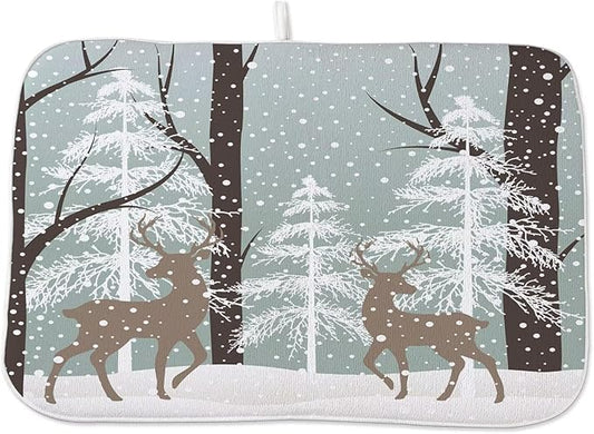 Winter Dish Drying Mat 18 x 24 inch Winter Landscape Snow Tree Deer Decorative Drying Mats Microfiber Absorbent Holiday Dish Washable Draining Mat for Kitchen Counter Decor