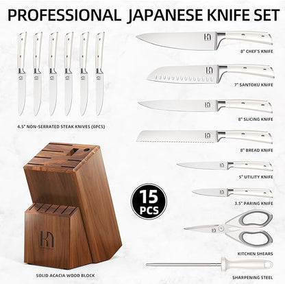 Knife Set, Premium 15 Piece Japanese High Carbon Stainless Steel Knives Set for Kitchen with Block and Sharpener, Razor Sharp Kitchen Knife Block Sets with Ergonomic Full-tang Handle, White - Image 5