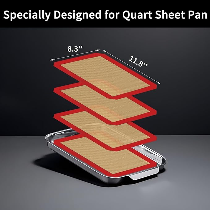 Small Silicone Baking Mats, Set of 4,11-4/5x8-1/4 Inch Quarter Sheet Size, Non Stick, BPA Free, 1/4 Baking Sheet Pan Liner for Cookies, Macaron, Bread, Pastry, Toaster (Red) - Image 2