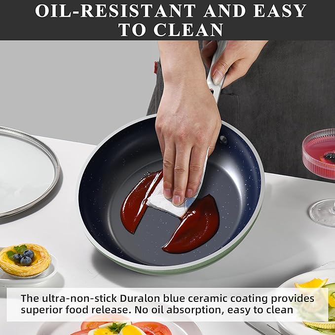 Nuwave Healthy Duralon Blue Ceramic Nonstick Cookware Set, Diamond Infused Scratch-Resistant, PFAS Free, Dishwasher & Oven Safe, Induction Ready & Evenly Heats, Tempered Glass Lids & Stay-Cool Handles - Image 8