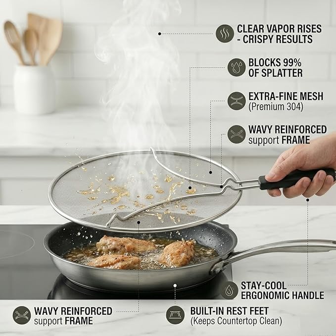 Splatter Screen for Frying Pan 3-Piece Set - Stainless Steel Grease Splatter Guard (13", 11.4", 9.8") - Oil Splash Guard & Fine Mesh Cover for Cooking Bacon - Image 4