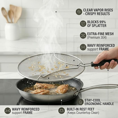Splatter Screen for Frying Pan 3-Piece Set - Stainless Steel Grease Splatter Guard (13", 11.4", 9.8") - Oil Splash Guard & Fine Mesh Cover for Cooking Bacon - Image 4