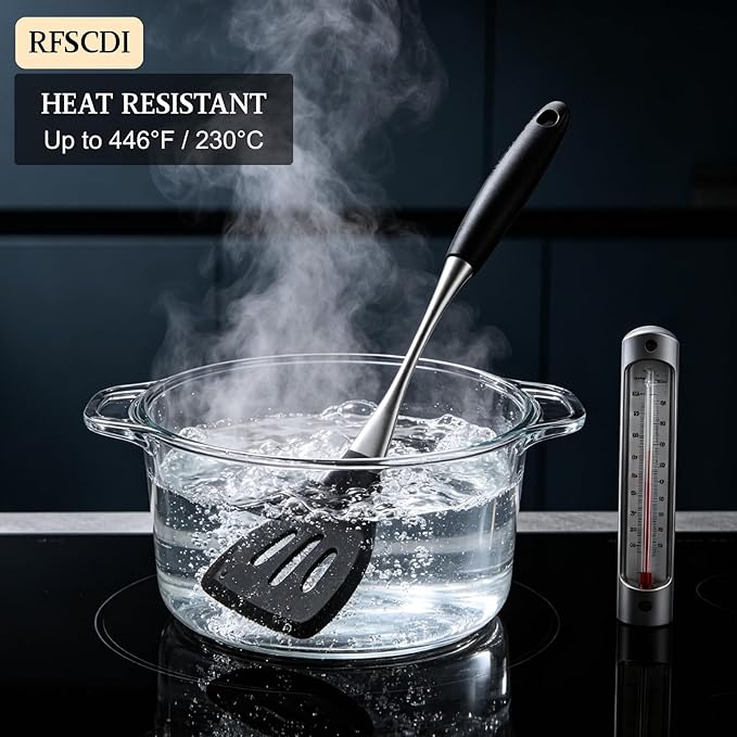 Premium Black Silicone Cooking Utensils Set - Non-Toxic, Heat Resistant& Non-Stick Kitchen Utensils Set with Spatula, Spoon, Whisk, Tongs, BPA Free, Dishwasher Safe, Black - Image 4