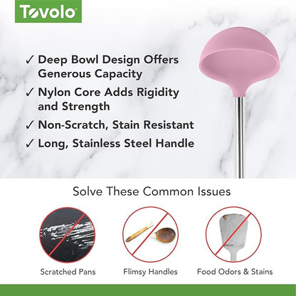 Tovolo Silicone Ladle with Stainless Steel Handle Pink Sorbet Soup Ladle Large, Dishwasher Safe Heat Resistant BPA Silicone Ladle Deep Spoon with Reinforced Nylon Core for Soup, Stew, Sauce & Punch - Image 3