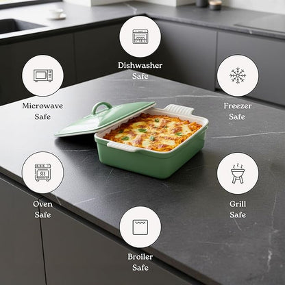 ROSSALLINI Stoneware Casserole Dish Bakeware with Lid | Covered Square Dinnerware | Large 2.5Quart, [Reactive Blue]