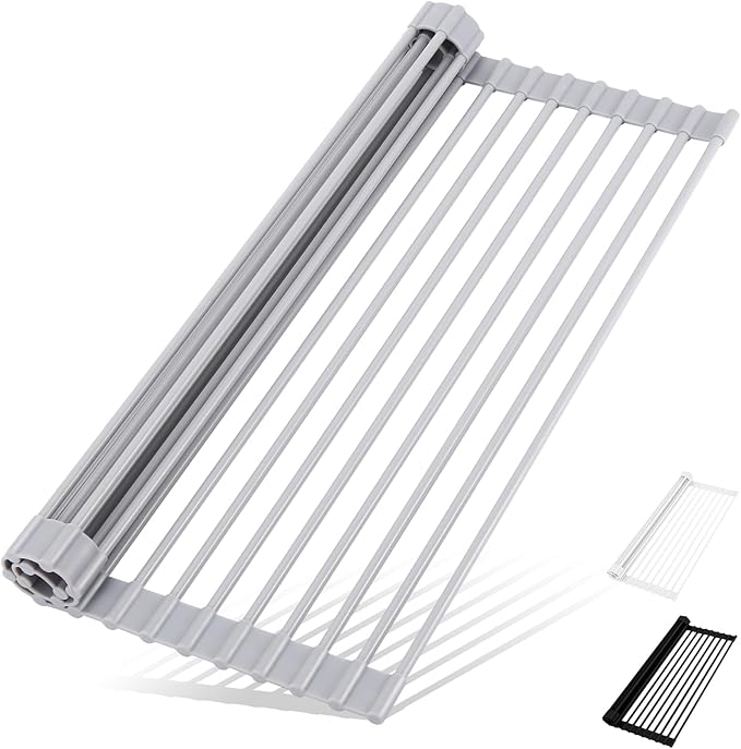 HANZENMA Roll Up Dish Drying Rack Over The Sink Kitchen Roll Up Sink Drying Rack Multipurpose Foldable Sink Drying Mat, Heat-Resistant, Anti-Slip & Anti-Rust Dish Rack for Kitchen, 20.5" x 13", Grey by HANZENMA