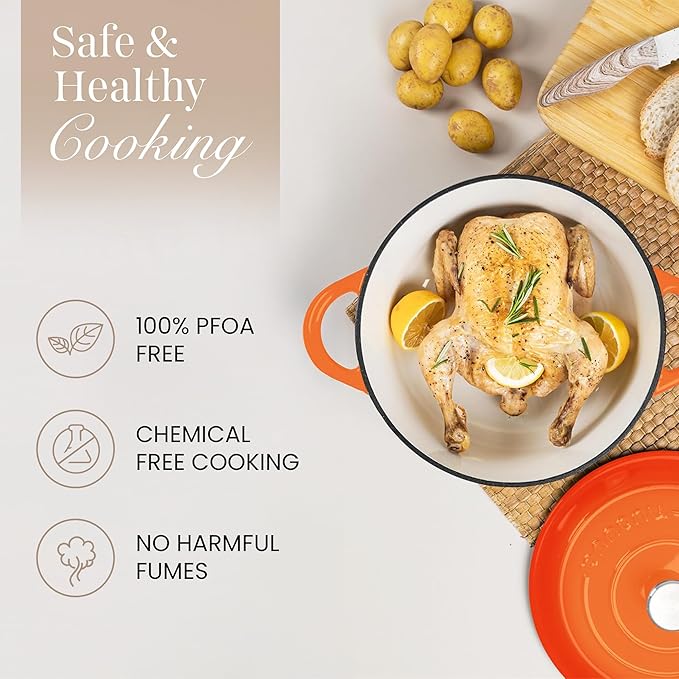 Cast Iron Pot with Lid – Non-Stick Ovenproof Enamelled Casserole Pot, Oven Safe up to 500° F – Sturdy Dutch Oven Cookware – Orange, 5-Quart, 24cm – by Nuovva - Image 4
