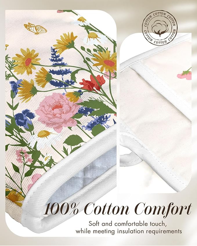 Miss Adola Cotton Oven Mitts and Pot Holders Sets - Quilted Lining Heat Resistant 4 Pieces Set with Hanging Loop Cute Farmhouse Boho Spring Kitchen Decor and Accessories, Retro Flower - Image 3