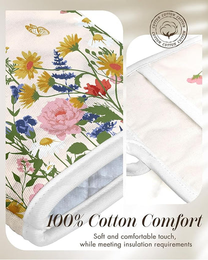 Miss Adola Cotton Oven Mitts and Pot Holders Sets - Quilted Lining Heat Resistant 4 Pieces Set with Hanging Loop Cute Farmhouse Boho Spring Kitchen Decor and Accessories, Retro Flower - Image 3