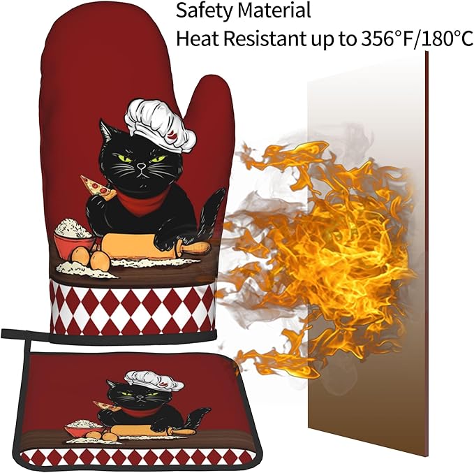 Cat Pot Holders and Oven Mitts - Red Cooking Gloves Hot Pads for Kitchen Fun Chef Gifts for Cooking Lover Cooks - Image 5