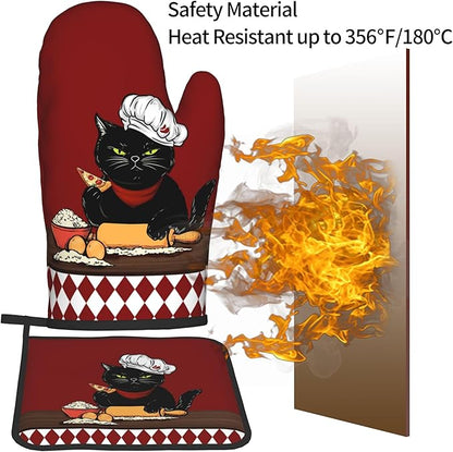 Cat Pot Holders and Oven Mitts - Red Cooking Gloves Hot Pads for Kitchen Fun Chef Gifts for Cooking Lover Cooks - Image 5
