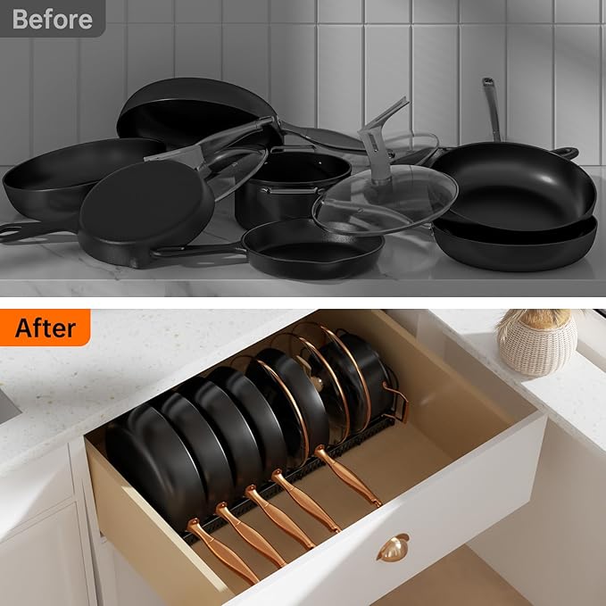 MUDEELA 2 Pack Pots and Pans Organizer Rack for under Cabinet, Expandable Pot Lid Kitchen Cabinet Organizer Holder with 10 Adjustable Compartment Cutting Board Organizer for Pan Lid, Bakeware Sheet - Image 7