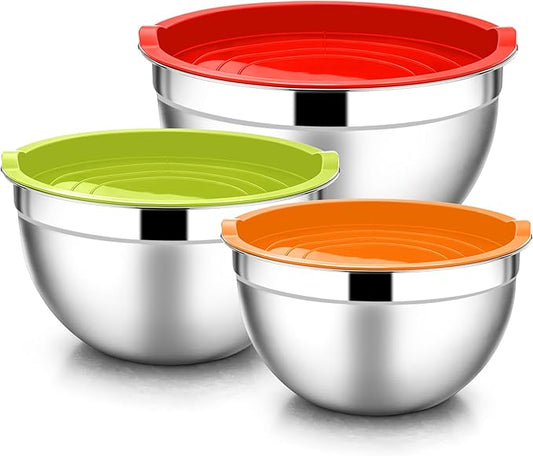 E-far Mixing Bowls with Lids, 6-Piece Stainless Steel Salad Bowls Metal Nesting Bowls for Baking Cooking and Prepping, Airtight Lids & Stackable Design, Size 4.5, 3, 1.5 QT (Colorful) by E-far