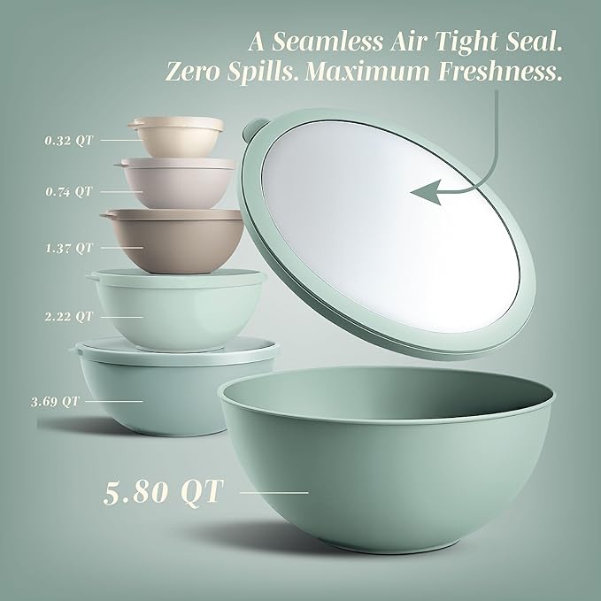 COOK WITH COLOR Nesting Mixing Bowls - 12 Piece Plastic Bowl Set with Lids, Microwave Safe (Mint Ombre) - Image 2