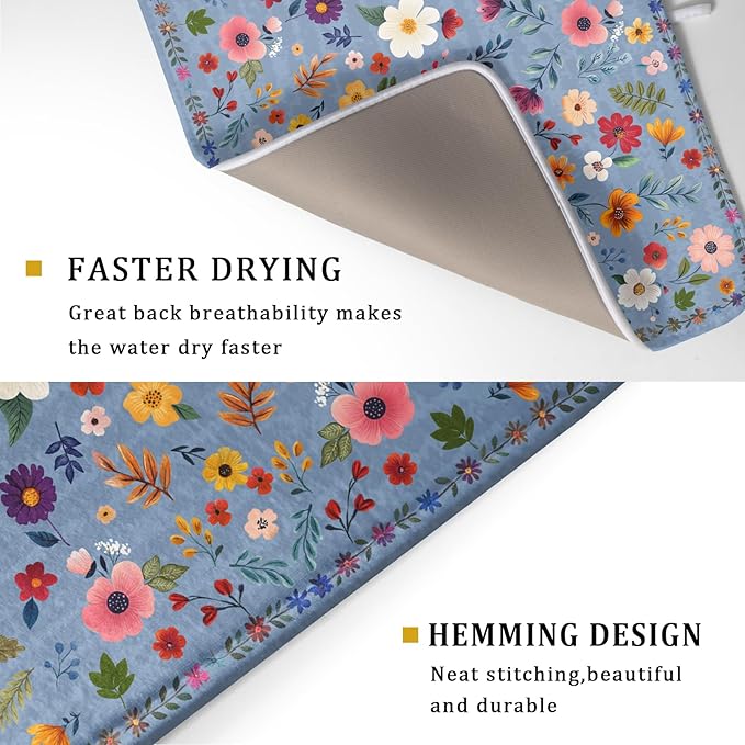 Colorful Flower Dish Drying Mat - Blue Large Floral Coffee Mat for Kitchen Counter Decor 18 X 24 - Image 3