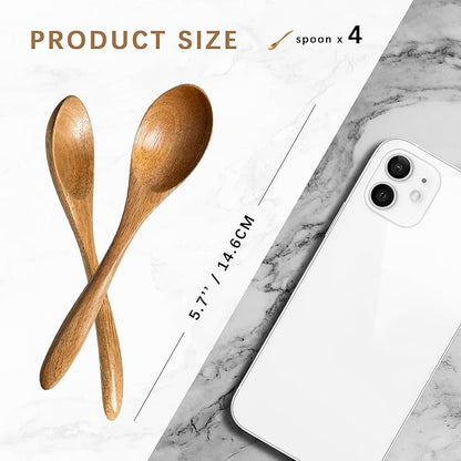 4 PCS Small Wooden Spoons, 5.8 Inch Honey Spoons for Tea, Acacia Wooden Honey Teaspoon for Coffee, Little Tiny Wood Spoons, Bamboo Table Spoon for stirring, Wooden Spoons for Utensils Set - Image 2