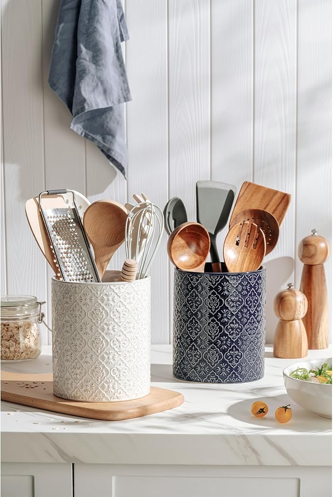 Kitchen Utensil Holder, 6x7 inch Large Ceramic Utensil Holder with Embossed Pattern, Cooking Utensil Crocks for Kitchen Countertop, Home Decor, Blue - Image 3