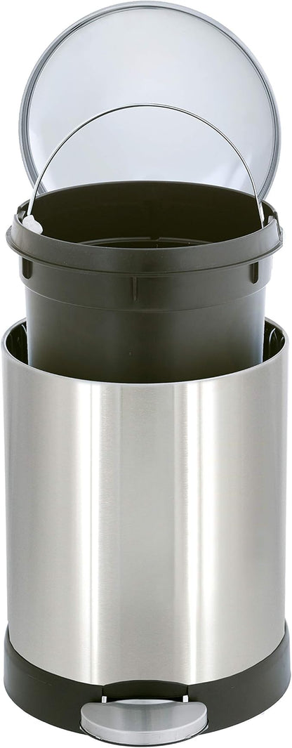 Glad Small Trash Can, 1.2 Gallon | Round Stainless Steel Garbage Bin with Soft Close Lid & Step Foot Pedal | Metal Waste Basket with Removable Inner Bucket, Stainless, 8 x 9.5 x 12 inches