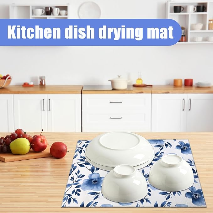 Blue Floral Dish Drying Mat for Kitchen Counter Flower Leaves Drying Pad Absorbent Reversible Dish Drainer Rack Mats Draining Pad 18"x24"Inch - Image 6