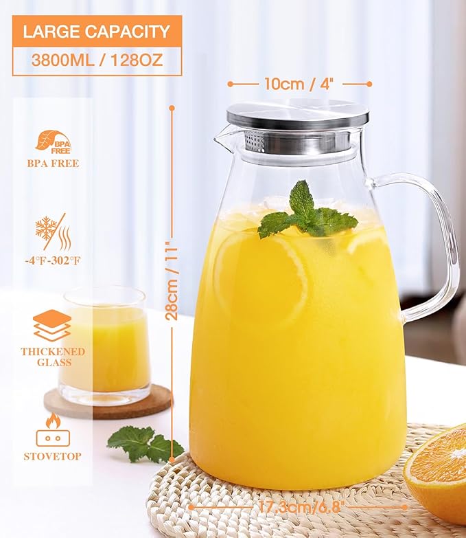 Glass Pitcher with Lid, 1 Gallon 128oz Water Pitcher with Handle and Spout for Fridge, Borosilicate Glass for Iced Tea, Juice, Sangria, Cold/Hot Beverage, Large Jug with Extra Wide Mouth - Image 3