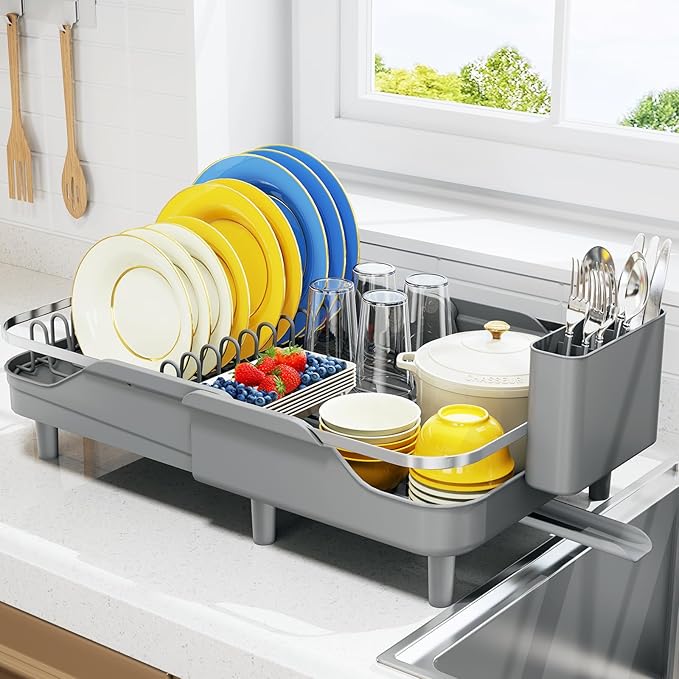 Urackify Expandable Dish Rack for Kitchen Counter, 16.14"-23.62" Large Stainless Steel Dish Drying Rack with Adjustable Water Spout, Space Saving Dish Drainer with Auto Draining Cutlery Holder,Grey by Urackify