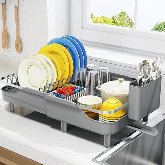 Urackify Expandable Dish Rack for Kitchen Counter, 16.14"-23.62" Large Stainless Steel Dish Drying Rack with Adjustable Water Spout, Space Saving Dish Drainer with Auto Draining Cutlery Holder,Grey by Urackify