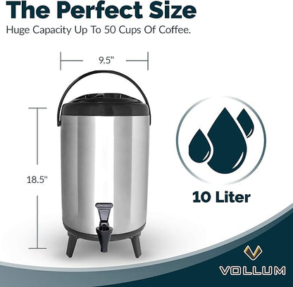 Vollum Stainless Steel Insulated Beverage Dispenser – Insulated Thermal Hot and Cold Coffee Carafe – 10 Liter Drink Dispenser with Spigot for Hot Water, Tea & Coffee, Cold Milk, Juice & More BLACK