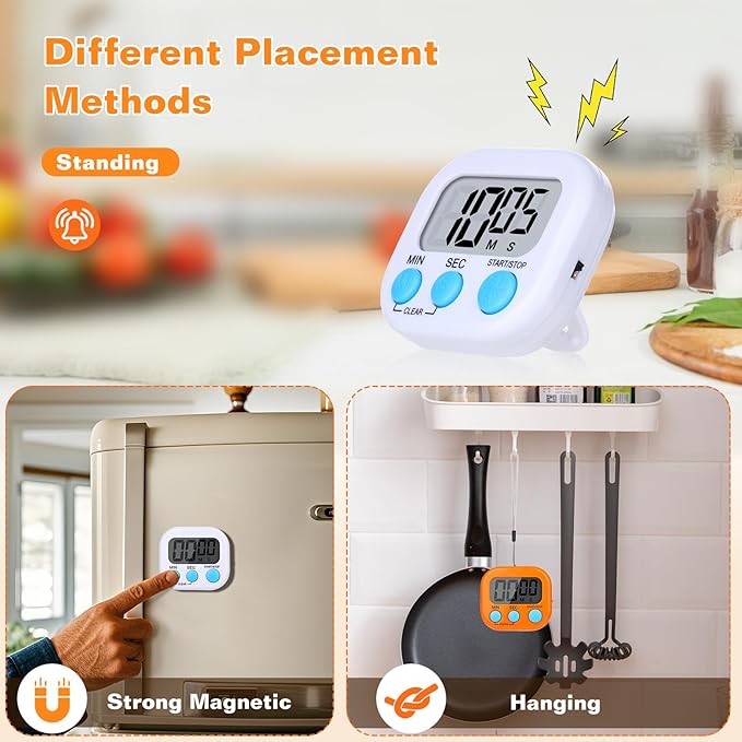 12 Pack Digital Kitchen Timers for Cooking, Small Magnetic Countdown Classroom Timers for Teachers Kids, Big Digits Loud Alarm Backing Stand Timer for Kitchen, Shower, Study, Work, Exercise Training - Image 3