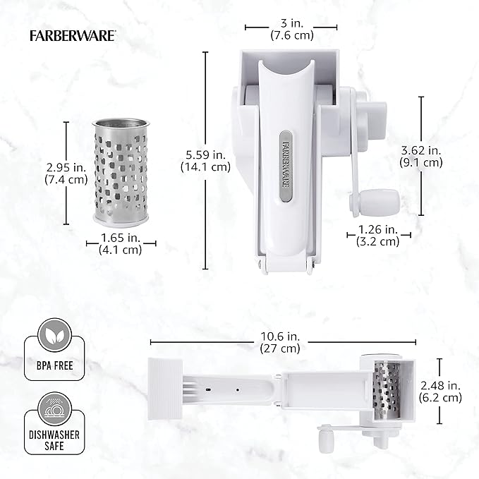 Farberware Professional Rotary Grater with Fine Etched Stainless Steel Drum, 4.33x5.51x3.54 Inch, White - Image 3