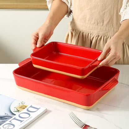 Ceramic Baking Casserole Dish with Handles, Large 9x13 inch Pan and Middle Baking Pan - Porcelain Serving Bakeware Set (Vintage Red) - Image 2