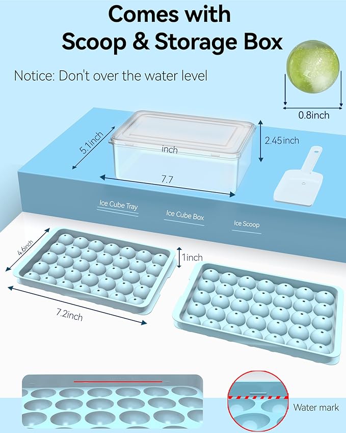 Ice Cube Trays with Lid and Bin, BPA-Free Mini 0.75 Inch Sphere Ice Molds, 2-Pack Small Round Ice Ball Trays, Easy Release, Includes Scoop & Ice Storage Box for Cocktails, Coffee - Image 6