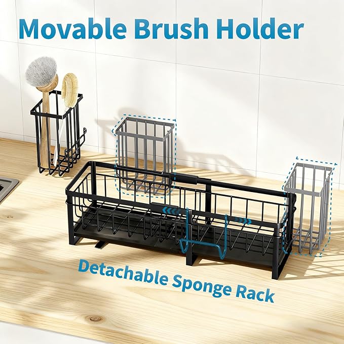 Aurblozen Extra Large Extendable Sponge Holder for Kitchen Sink, Rustproof Sink Caddy Organizer with High Brush Holder, Dish Soap Dispenser Organizers and Storage (Black) - Image 6