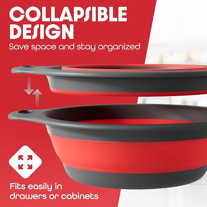 Gevoli Strainer with Self-Draining Base (5QT) Over-Sink Collapsible Kitchen Colander Set with Side-drain Base for Pasta Vegetables and Fruit, XL Large Capacity, Dishwasher Safe (5-Quart) Red/Gray - Image 2