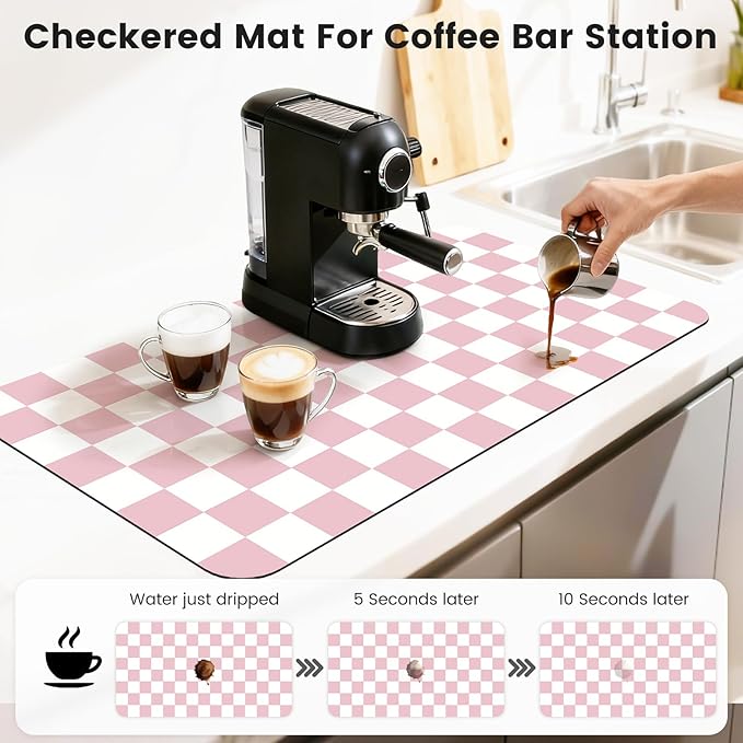 17" x 32" Checkered Dish Drying Mat for Kitchen Counter, Absorbent Coffee Bar Mat for Espresso Machine Coffee Countertops Accessories, Pink - Image 3