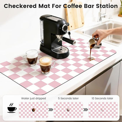 17" x 32" Checkered Dish Drying Mat for Kitchen Counter, Absorbent Coffee Bar Mat for Espresso Machine Coffee Countertops Accessories, Pink - Image 3