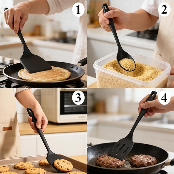 Silicone Spatula Turner, 600°F Heat Resistant Spatulas for Cooking, BPA Free, Flexible Rubber Kitchen Utensils Set Flipper for Eggs, Pancakes, Fish, Burgers, Dishwasher Safe (5 Pack, Black) - Image 8