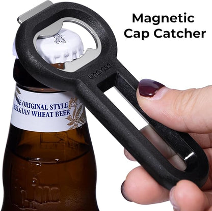 Linoroso Magnetic Bottle Opener Pop Can Opener for Refrigerator, Beer Bottle Opener and Soda Can Opener with Cap Catcher, Portable Beer Opener for Bartender, Home, Restaurant, Bar Tools, 4 Pack, Black