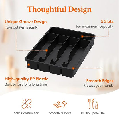 Lifewit Silverware Drawer Organizer Tray, Plastic Cutlery Storage for Kitchen, Flatware and Utensil Holder Divider for Spoons Forks Knives Tableware, 9.1 x 12.6", 5 Slots, Black - Image 3