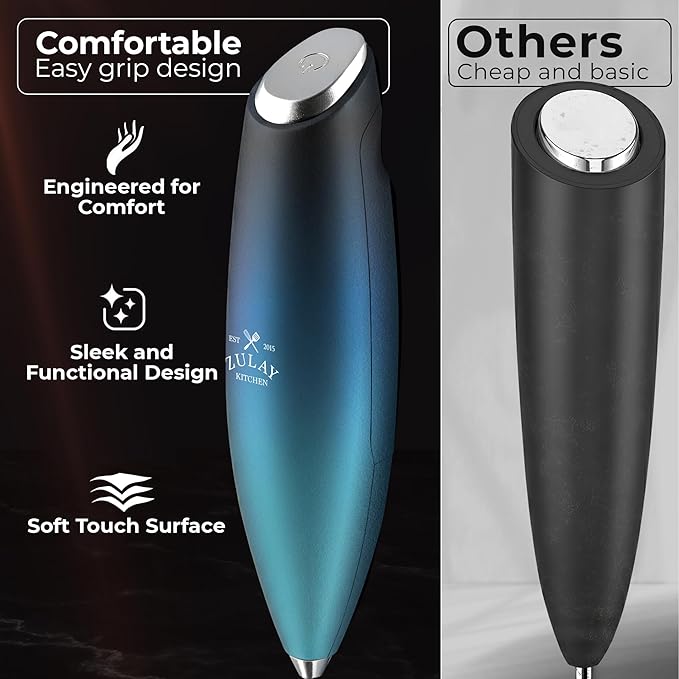 Zulay Kitchen Patented Tornado Triple Whisk Milk Frother with 4 Duracell Batteries – Handheld Foam Maker for Coffee, Lattes, Matcha & Hot Chocolate – Rich, Creamy Froth in Seconds - Sea Depth - Image 4